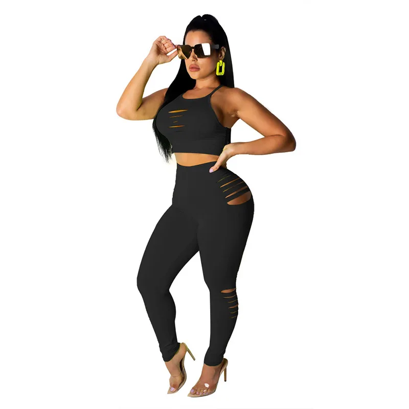 

Echoine 2019 Two Piece Set Solid Color Hollow Out Crop Tops And Long Pants Casual Fashion Bodycon Tracksuit Outfits For Women