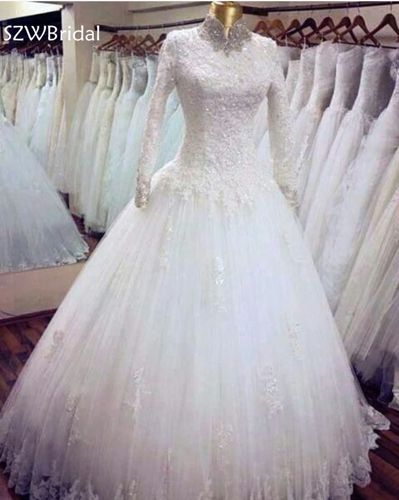 

New Arrival Long sleeve Muslim wedding dress 2021 Ball gown wedding gown Pearls Beaded Vestido de noiva bride dresses