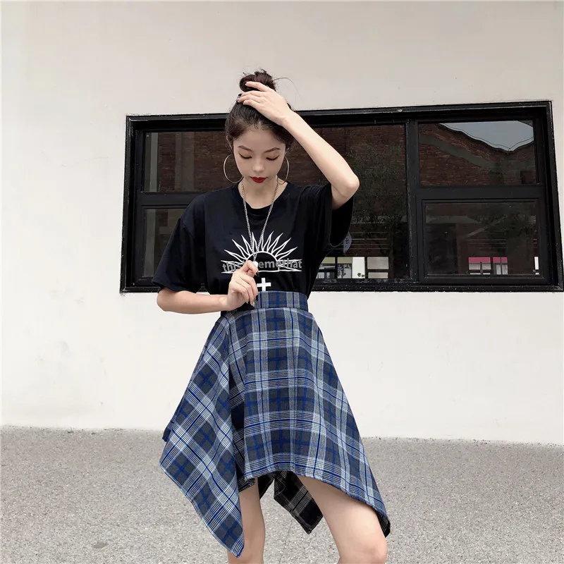 Летние Асимметричные клетчатые юбки для женщин Harajuku с высокой талией, плиссированные уличные юбки Новая мода гранж стиль юбки для женщин
