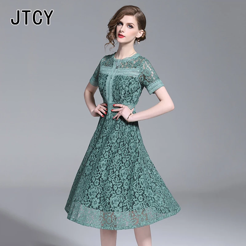 JTCY Summer Women Solid Vintage Lace Dress Party Short Sleeve O-Neck Hollow Out Sexy Female A-Line Knee-Length | Женская одежда