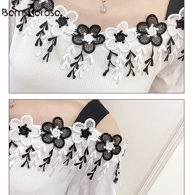 Женская блузка с открытыми плечами белая шифоновая цветочной вышивкой лето