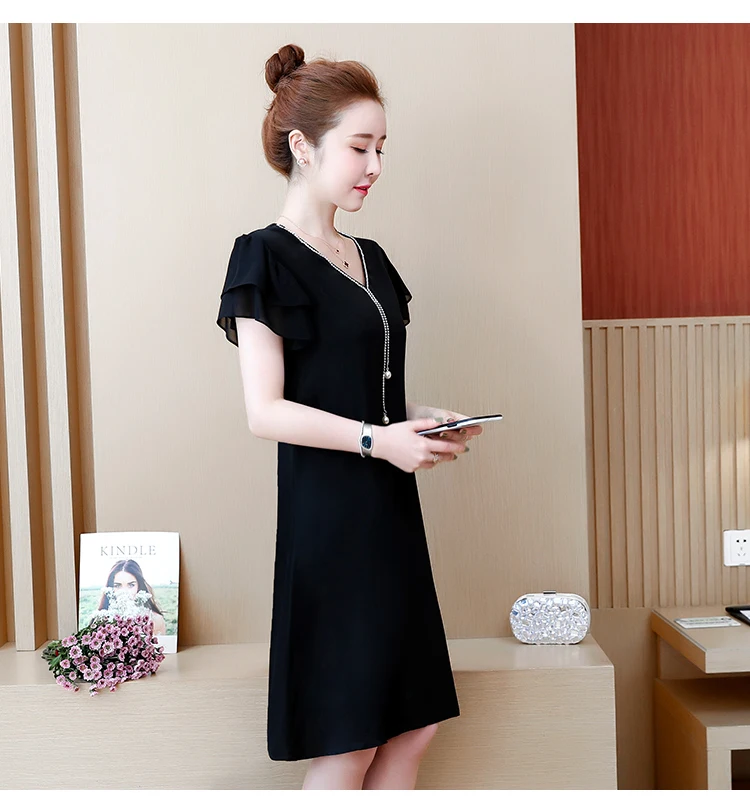 L-5xl Plus Size Elegant Beading Chiffon Dress Women Summer Fashion Short Butterfly Sleeve V-neck Tunic A-line Dresses Robe Femme | Женская