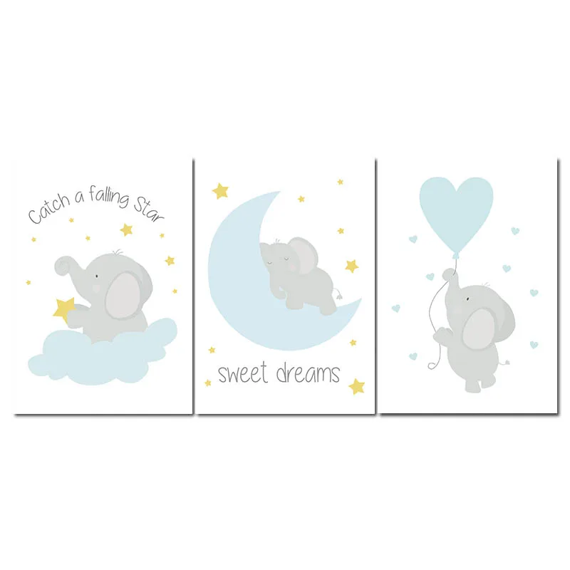 Baby Nursery Wall Art Canvas Posters Prints Cartoon Elephant Moon Painting Nordic Kids Decoration Picture Children Bedroom Decor - Цвет: 3 pcs Set