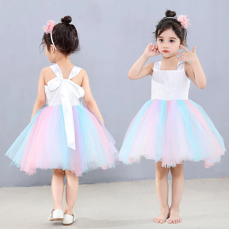 gradient color frocks age for 3 - 8 yrs little girls colorful ruffle dress 2019 summer kids rainbow tulle sleeveless vest-dress | Детская
