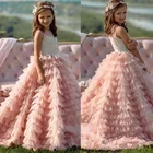 Платье принцессы Glitz с цветочным принтом, Многоярусное Тюлевое платье принцессы, кружевное платье с аппликацией и шлейфом для девочек на заказ, платье для первого причастия