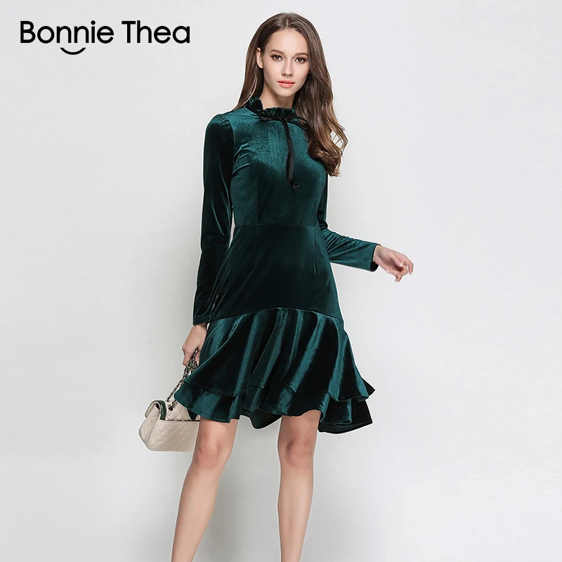 Женское зимнее бархатное платье Bonnie Thea зеленое элегантное с длинным рукавом