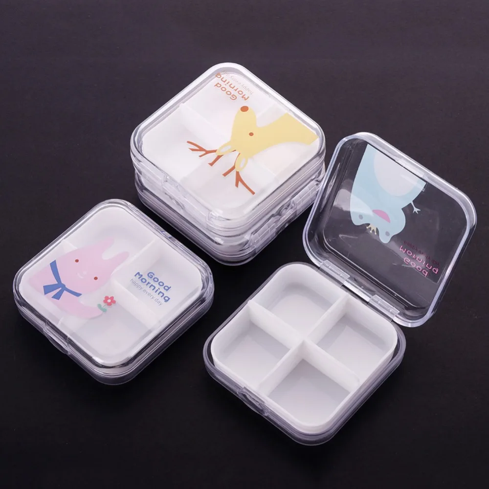 4 слота прозрачный милый мультфильм Мини хранения лекарств Pill Box Портативный Пустой Пластиковый Контейнер Случаи#289777