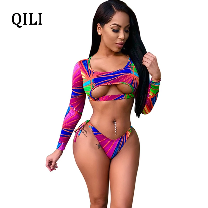 

QILI Summer Beach Bodysuits Women Long Sleeve Printed Hollow Out Bow Two Piece Set Vacation Sexy Skinny Bodysuit 2018
