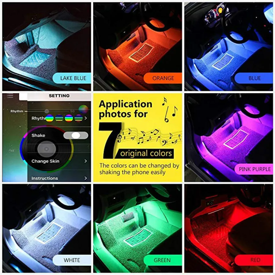 Подсветка салона автомобиля RGB Smart 4 шт. 36/48 светодиодов разноцветная музыка Bluetooth