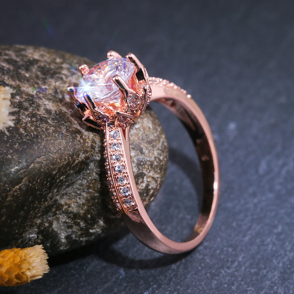 Huitan Luxury Rose Gold Color обручальное кольцо с цветком круглым циркониевым кристаллом