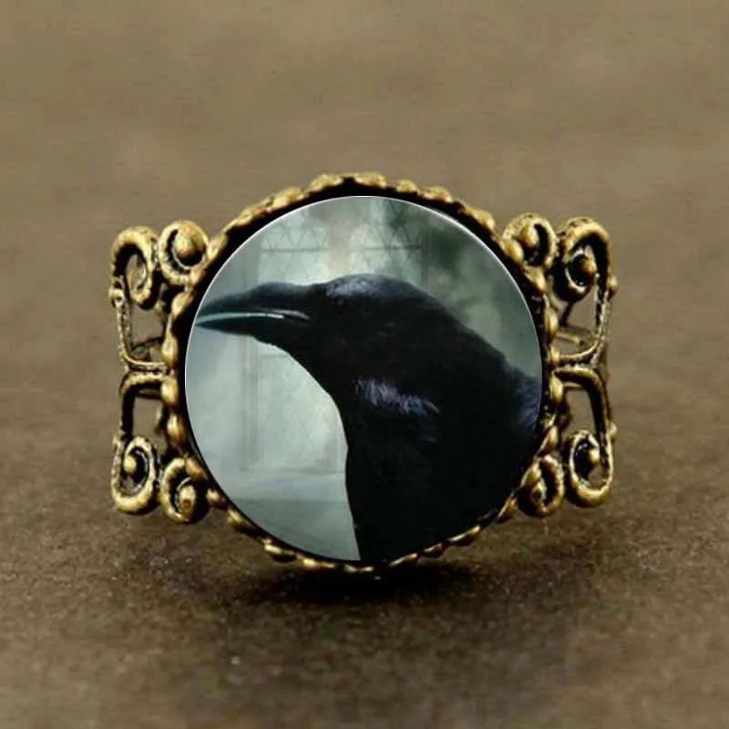 

Movie The Crow Black Raven Photo Jewelry Glass Picture Ring mens steampunk Bird Halloween