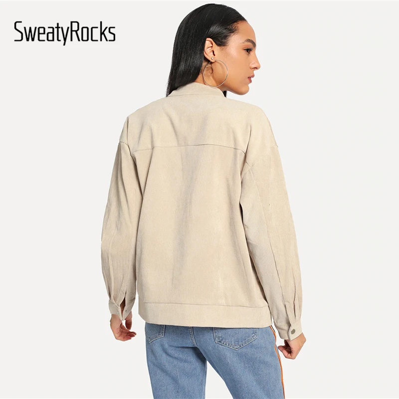 SweatyRocks Вельветовая куртка с карманами спереди и стоячим воротником уличная однотонная одежда весенние женские повседневные пальто и куртки цвета хаки