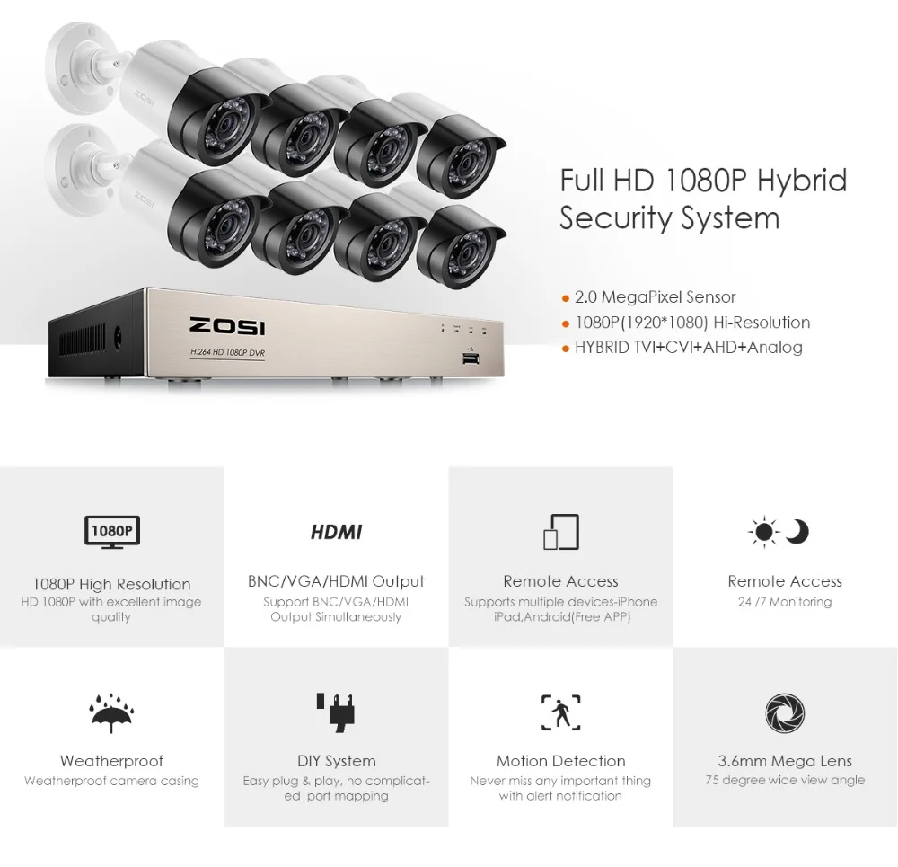 ZOSI HD-TVI 8CH 1080P Комплекты систем безопасности с 8* 2.0MP дневным ночным видением CCTV камера видеонаблюдения