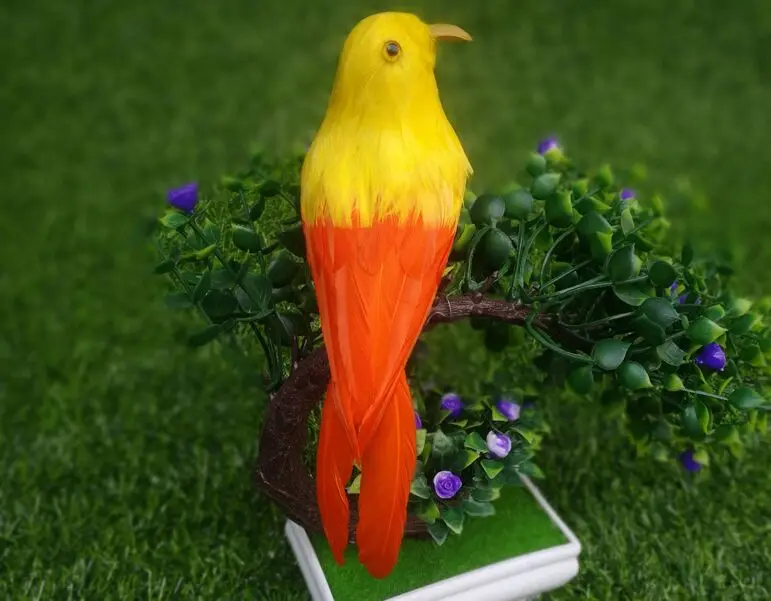 

cute yellow&orange bird hard model plastic&feather simulation turned bird toy gift about 16cm s2936