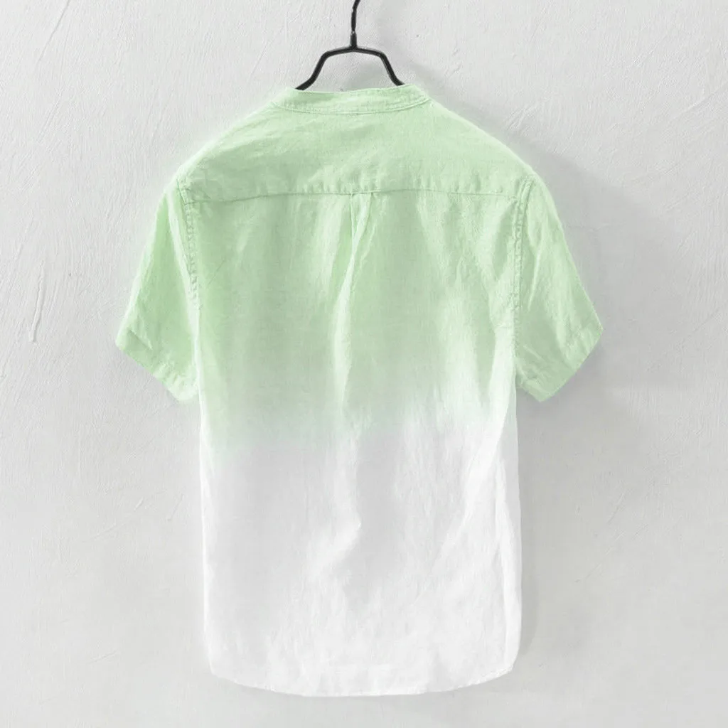 Летняя мужская рубашка блузка крутая и тонкая дышащая воротник висячая окрашенная градиентная хлопковая льняная Повседневная блуза с коротким рукавом