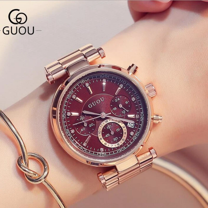Женские Наручные Часы GUOU роскошные часы цвета розового золота модные женские