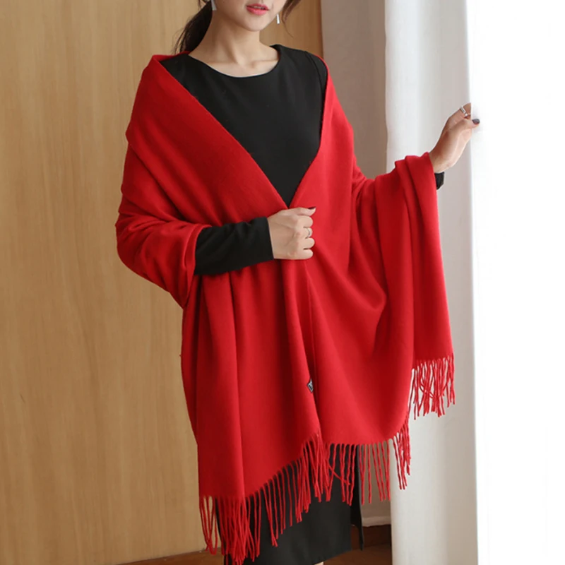 High Quality Pure Wool Winter Scarf Women Scarves Solid Color Lady Pashmina Tassel Large Black/Pink/Pink Women's Shawls |