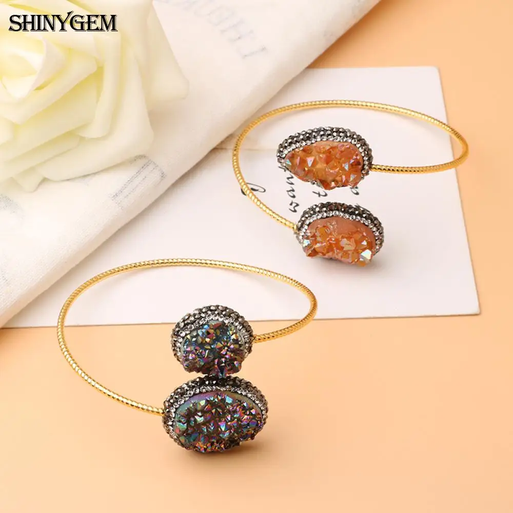 ShinyGem Золотой Цвет Twist Druzy браслеты большой неправильный циркон браслет с камнями Друза регулируемые открытые манжеты браслеты для женщин
