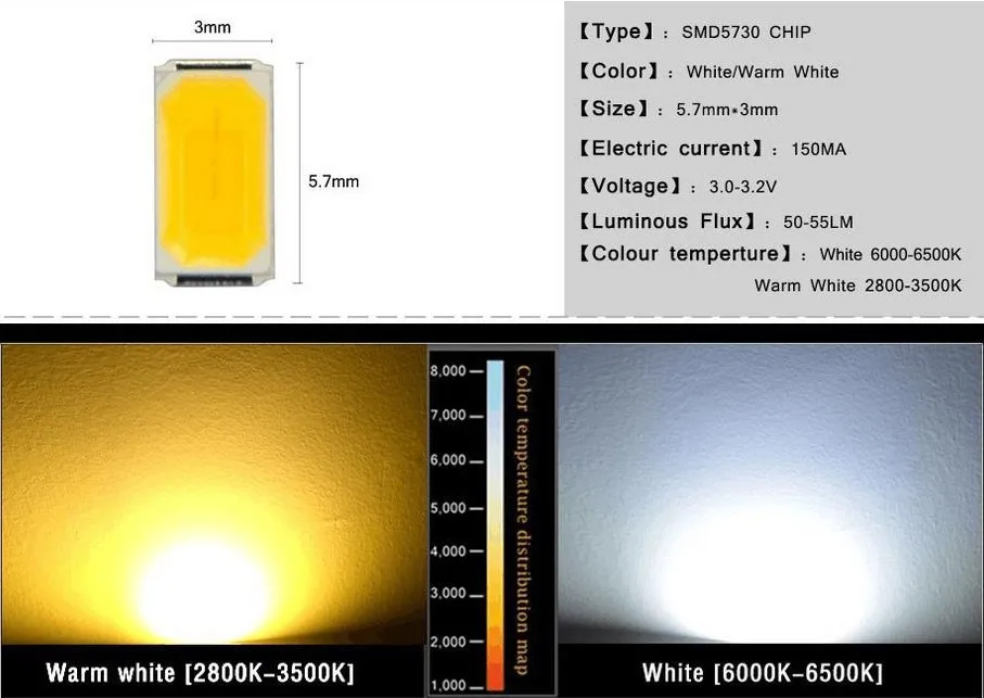100 шт 5630/5730-CW/WW 0.5W-150Ma 50-55lm 6500K белый светильник SMD 5730 5630 Светодиодный 5730 Диоды(3,2~ 3,4 в