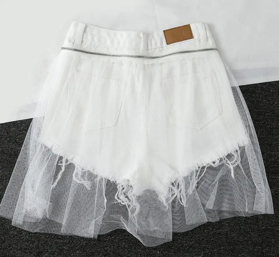 

hole denim shorts women's mesh new high waist fake two hot shorts