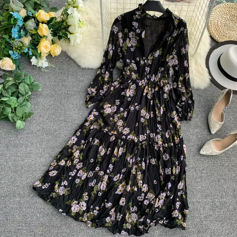 Женское винтажное платье с цветочным принтом маленькое длинное воротником