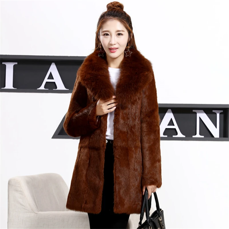 Plus Size S-8XL Whole Skin Natural Rabbit Fur Jackets Women Real Fur Coats Outerwear With Real Fox Fur Collar 2019 Autumn Winter