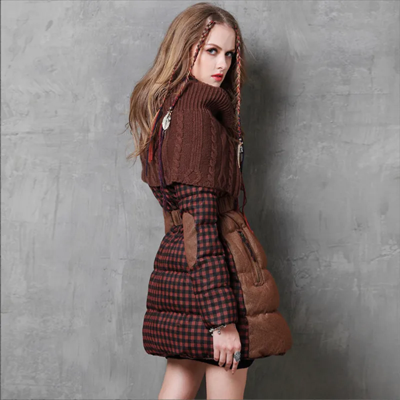 Винтажное теплое женское пуховое пальто зимнее классическое пончо клетчатое