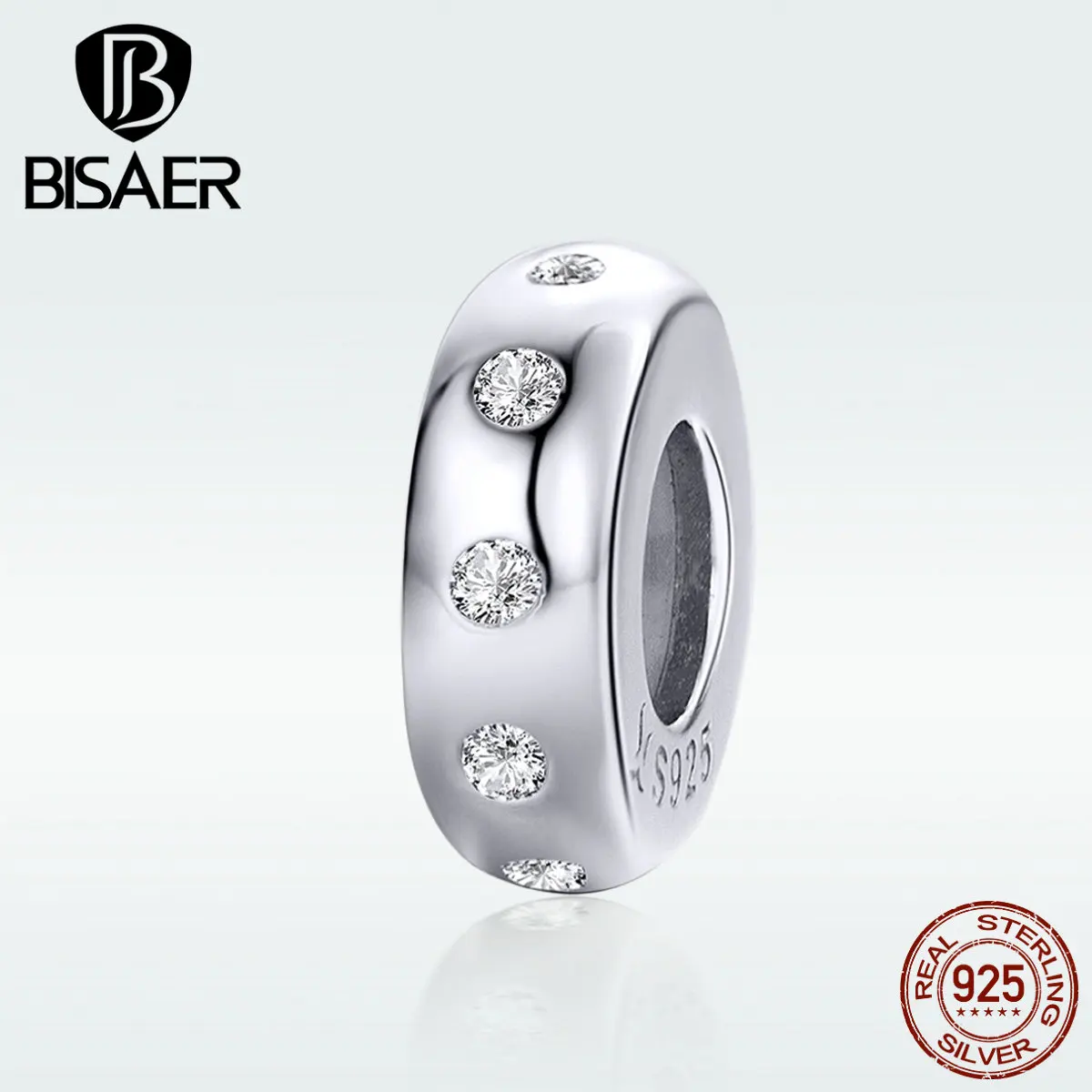BISAER, 925 пробы, серебряные круглые бусины Spacer, кубический циркон, круг, подвески, подходят для серебряных браслетов, сделай сам, ювелирные изделия ECC1171