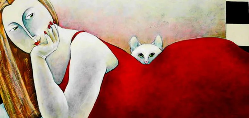 Картина ручной работы кошка и лежа женщина с красной юбкой на холсте маслом для