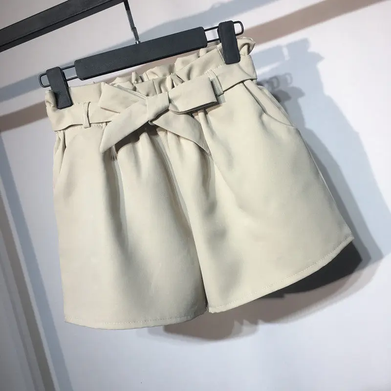 apricot color Летние эластичные Шорты с высокой талией Для женщин на шнуровке Короткие Femme брюки Для женщин элегантные дамы бурлящие штаны пляж широкие шорты C4266 - Цвет: apricot color