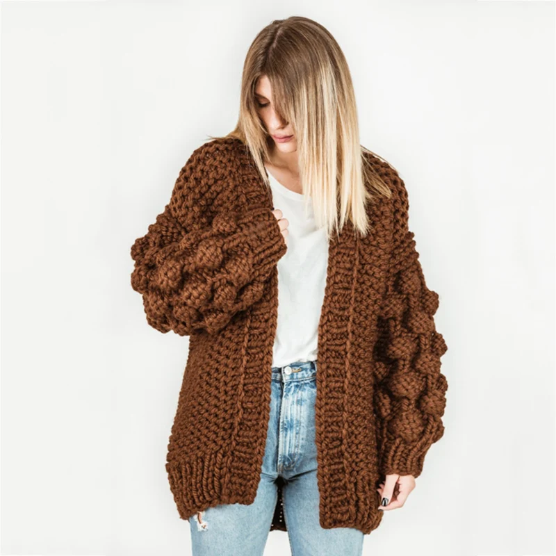 Winter Women's Thick Cardigan Sweater Coat Wool Handmade Woven Shawl High Street Style Warm Pink |