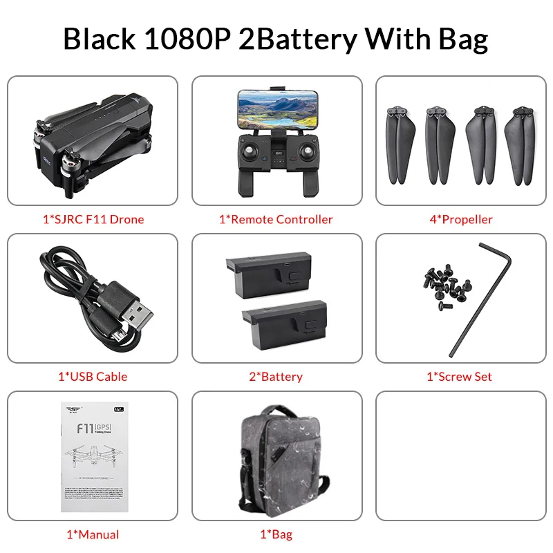 SJRC F11 gps Дрон с wifi FPV 1080P камера 25 минут время полета бесщеточный селфи складной рычаг RC Дрон Квадрокоптер следи за мной - Цвет: black 2B with bag