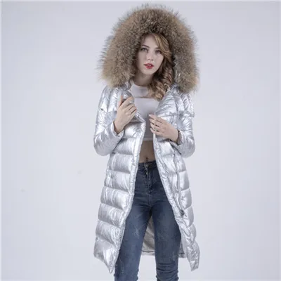 sliver Женские рождественские Блестящие модные длинные парки настоящий натуральный мех отделка роскошный зимний толстый теплый жакет пальто с меховая Толстовка - Цвет: sliver