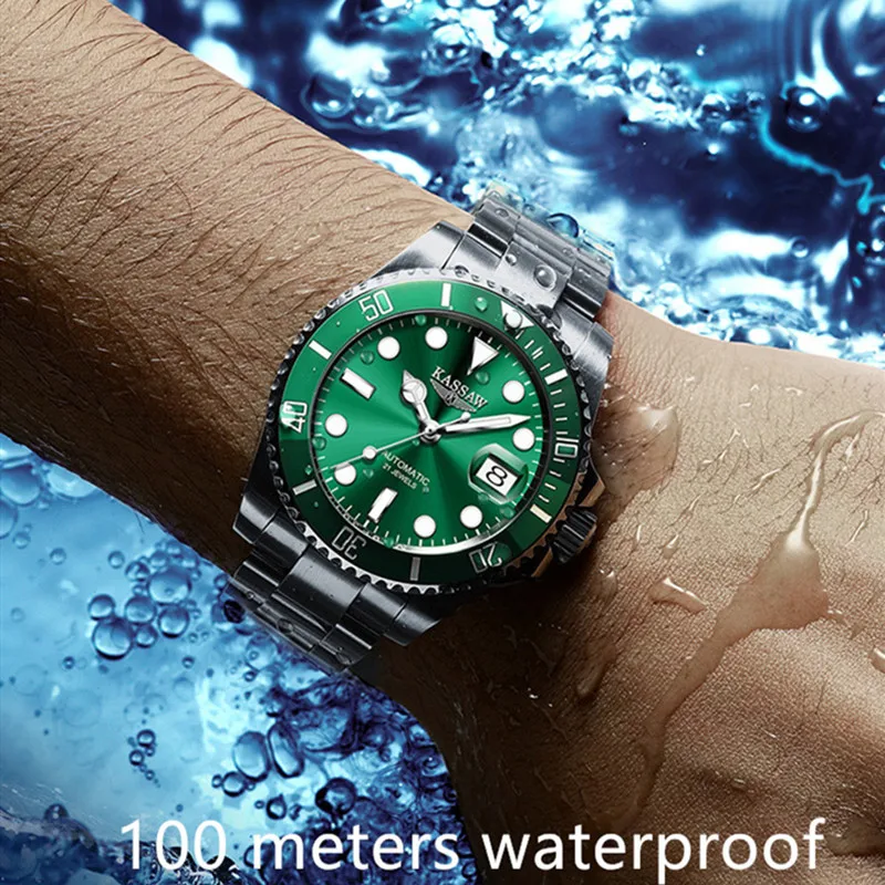 Cassaw Роскошные часы спортивные водонепроницаемые плавательные 100 м водонепроницаемые сапфировые светящиеся автоматические механические часы для мужчин
