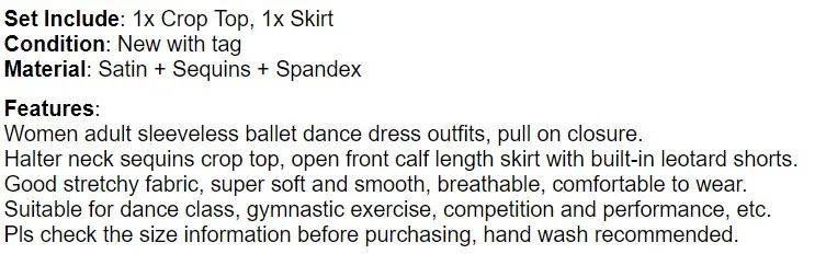 TiaoBug Women Ballet Dress Sequin Halter Crop Top with Built-In Leotard Skirt Set Adult Stage Competition Lyrical Dance Costumes