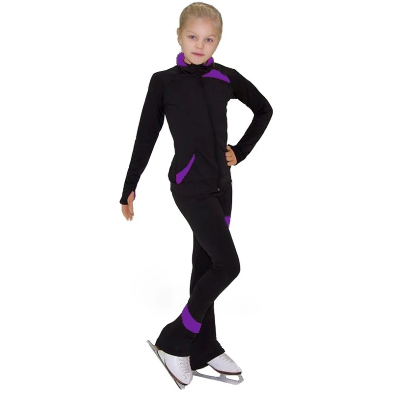 black purple Индивидуальные костюмы для фигурного катания куртка и брюки длинные брюки для девочек женские тренировочные Patinaje Катание на коньках теплая гимнастика 15 - Цвет: black purple