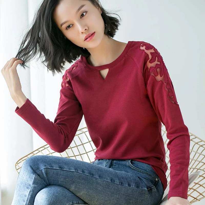 New 2018 spring Female T-shirt Long Sleeve Hollow plus size Women Cozy Cotton T Shirt Tops Tees Brand Fashion Camisetas | Женская одежда