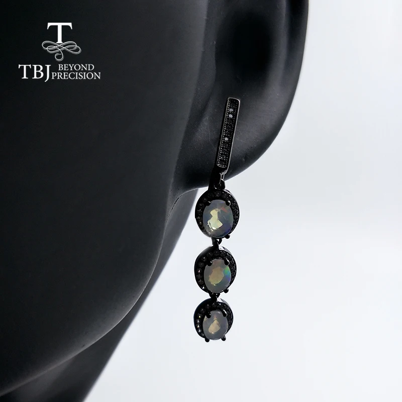 

TBJ, new long ethiopian opal clasp earring 925 sterling silver fine jewelry for women nice gift