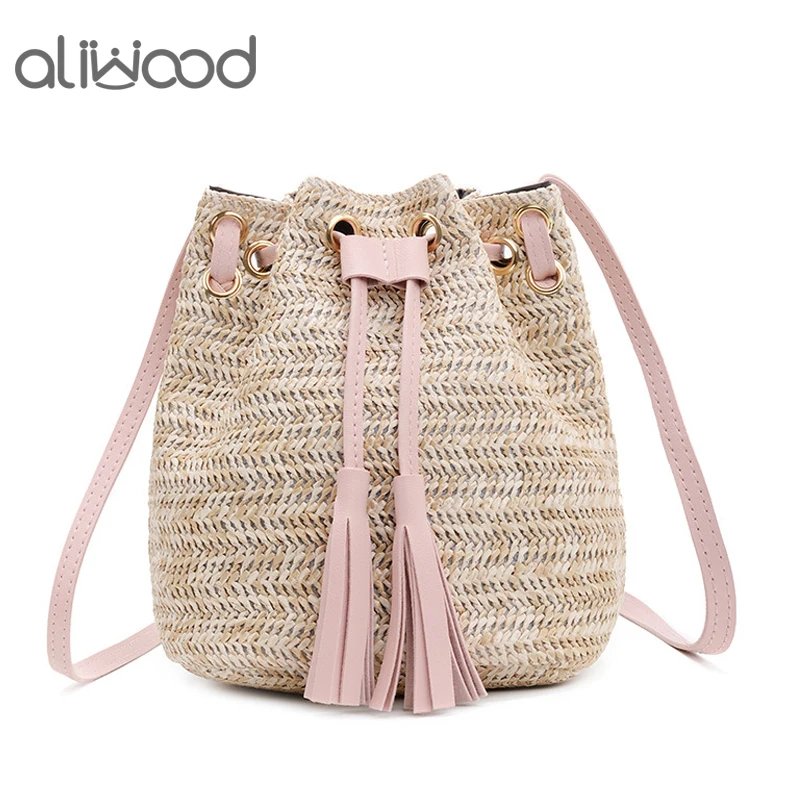 

aliwood Summer Style Tassel Beach Bag for Women Straw Bucket Shoulder Bag Designer Handbags Females Casual Wicker Crossbody Bags