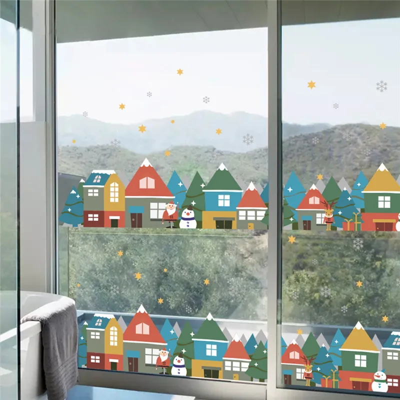 Новогоднее украшение в виде деревни зимняя снежная городская Наклейка на стену