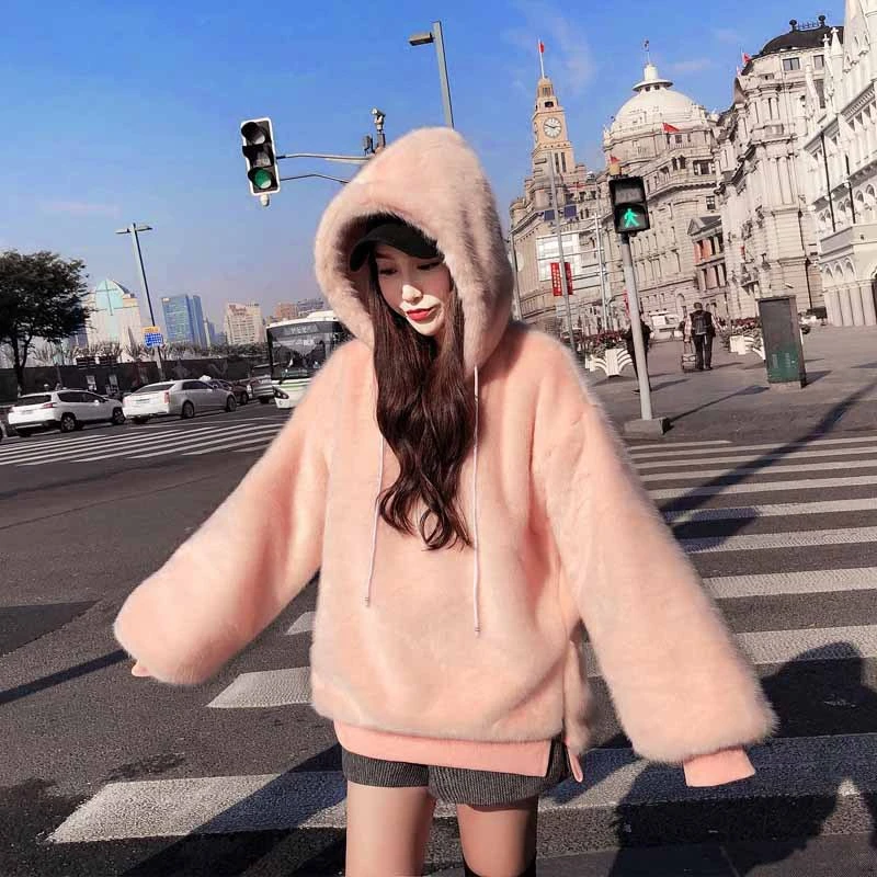Зимний модный винтажный пуловер с искусственным мехом в стиле Харадзюку kawaii, милые розовые Свободные толстовки с капюшоном, женские большие размеры