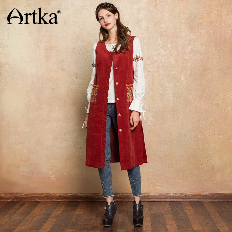 ARTKA, Осенний женский жилет, вельветовый, длинный, жилет для женщин, с вышивкой, без рукавов, жилет, куртка,, винтажная женская верхняя одежда LA10271Q