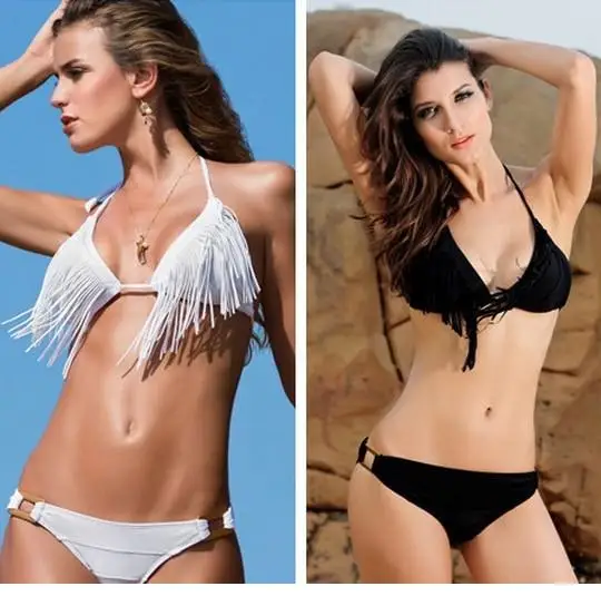 sexy garment Women Summer Swimwear bathing suit Push Up Bikini White Black Sexy Strip Tassel Set |