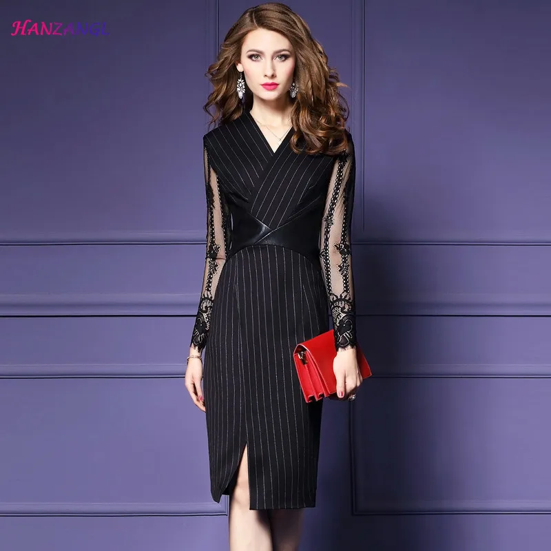 

HANZANGL autumn 2020 Womens Long Sleeve V-neck Striped Elegant Vintage Work Office Lace Split Sheath Bodycon Pencil Dress