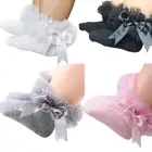 Носки для младенцев, новорожденных, маленьких девочек, детские кружевные короткие носки принцессы с бантом и цветочным рисунком, хлопковые носки до щиколотки с рюшами и оборками