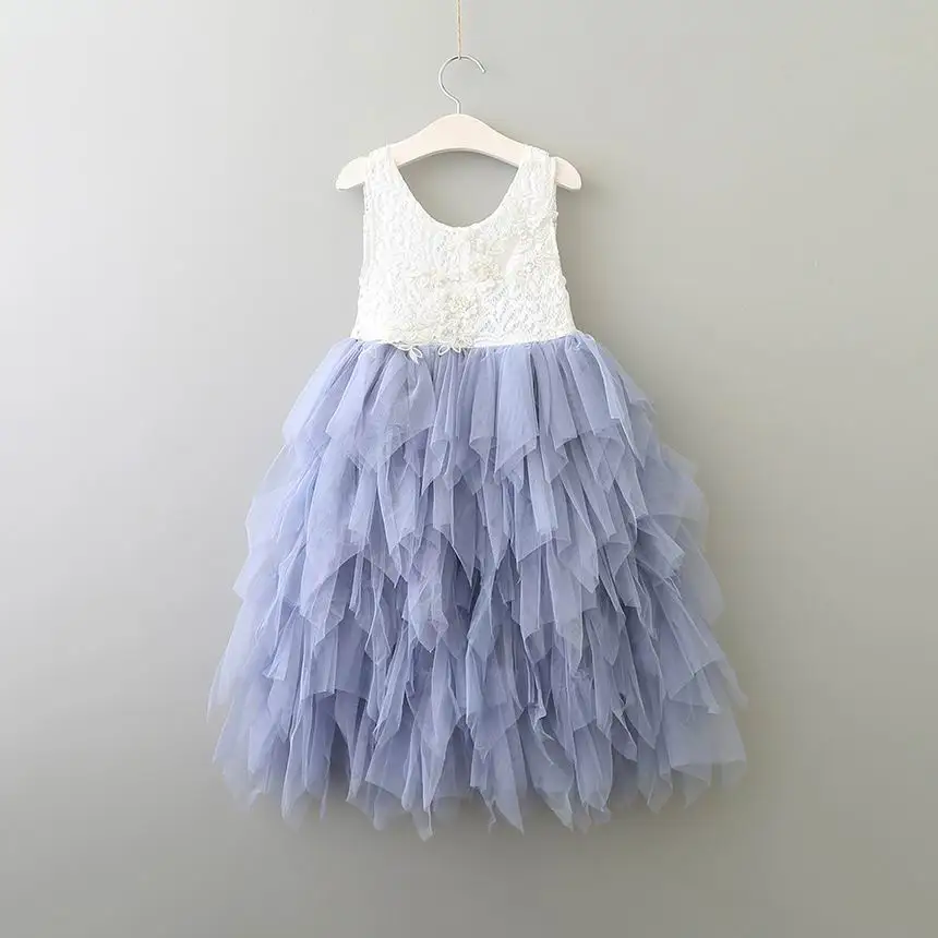gray applique Розничная ; Новинка; летнее кружевное платье для девочек; многослойное Тюлевое платье принцессы с цветочным рисунком; Сарафан до середины икры для свадебной вечеринки; детская одежда; E17103 - Цвет: gray applique