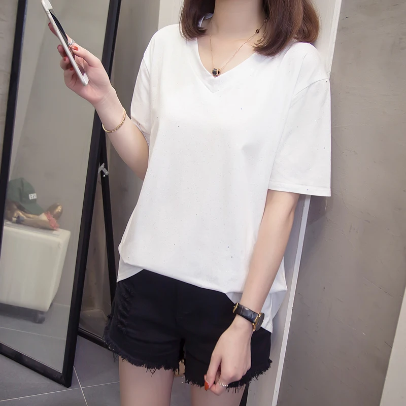 Женские блестящие футболки летние корейские модные женские с V образным вырезом