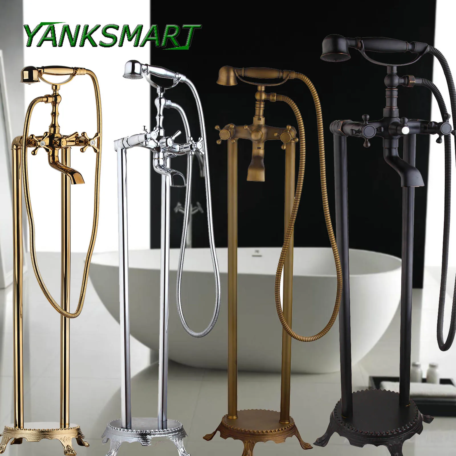 

YANKSMART Bathtub Floor Stand Faucet Mixer Dual Hnadle 360 Rotation Waterfall Spout Bath Tub Faucet with Brass Handshower