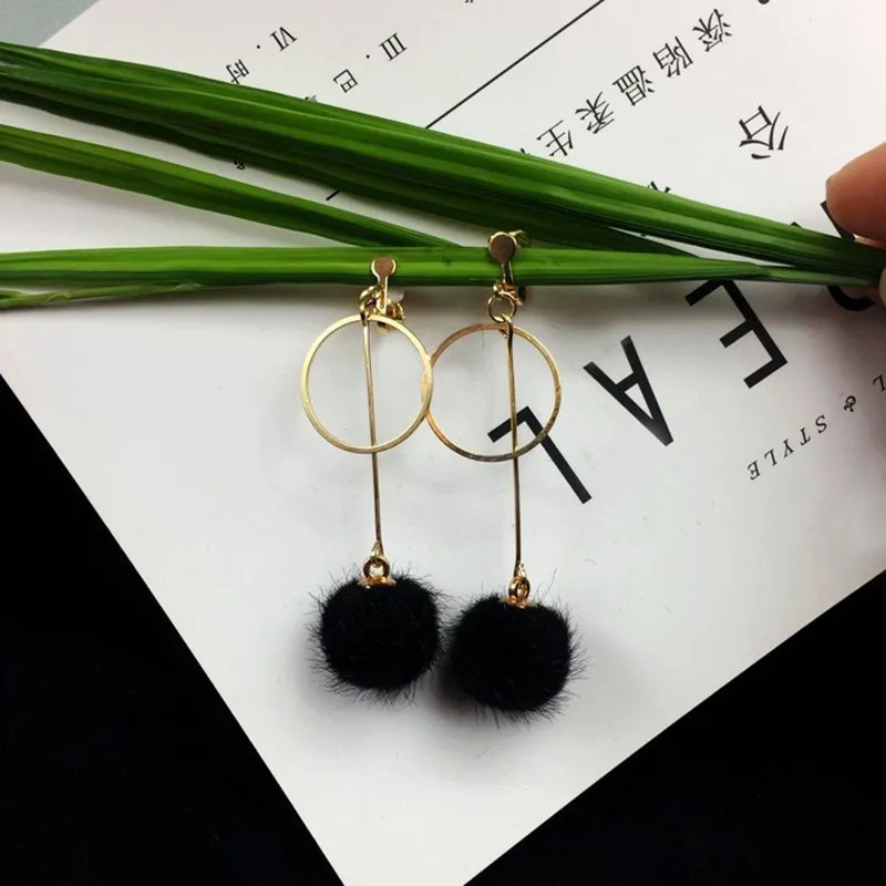 Новые плюшевые серьги-шарики милые длинные клипсы серьги без пирсинга для женщин