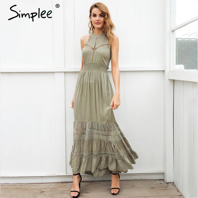 Simplee Холтер выдалбливают Длинные Летнее платье Женщины спинки связать бантом